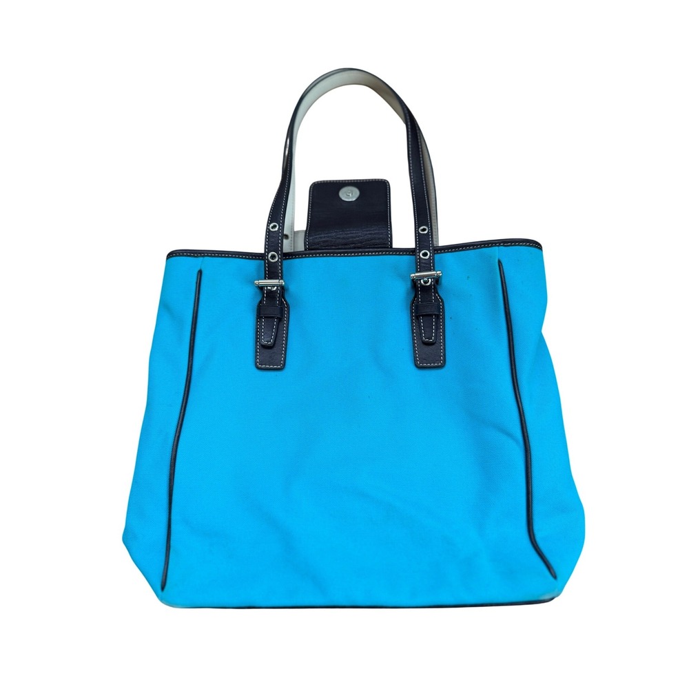 Coach Tote Bag Turquoise Canvas Black Leather CFDA Breast Cancer Charm - Picture 2 of 16